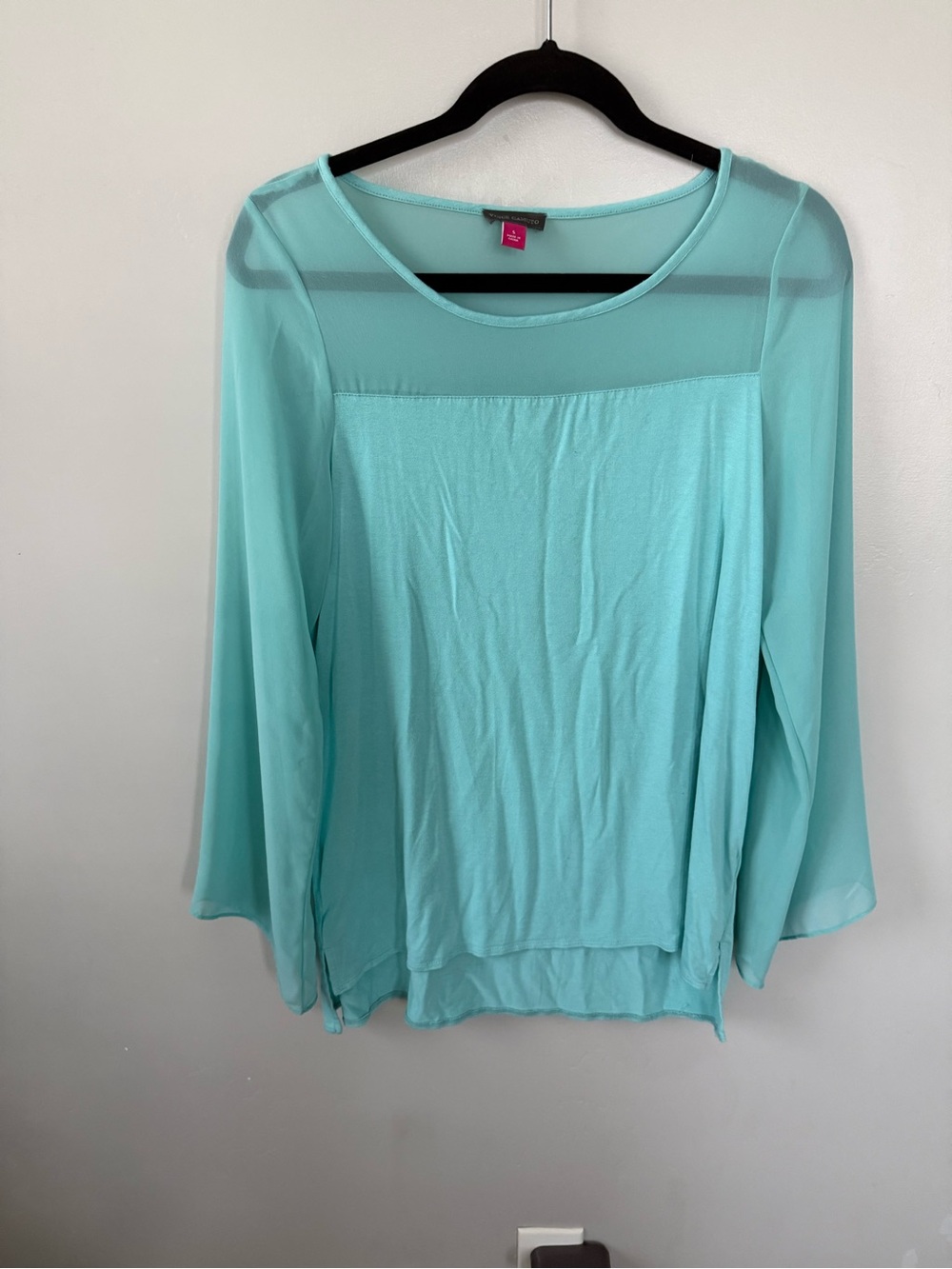 Vince Camuto Light Aqua Sheer Yoke Long Sleeve Top